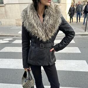 Vintage Black Moto Jacket Fur Trim Rockstar Girlfriend Grunge Alt